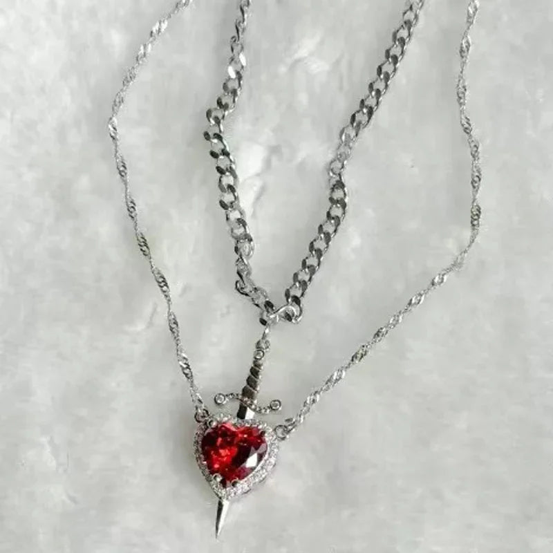 Eternal Bond: Heart and Sword Couple Necklace Set