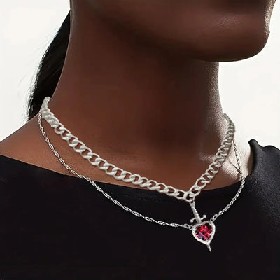 Eternal Bond: Heart and Sword Couple Necklace Set